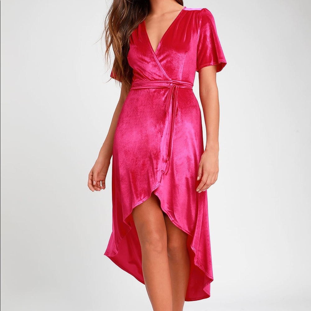Lulus Amour Hot Pink Velvet High-Low Wrap Dress